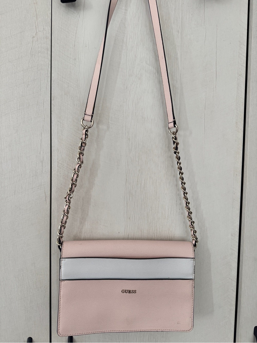 GUESS Pink and White Flap Crossbody with Chain Strap
